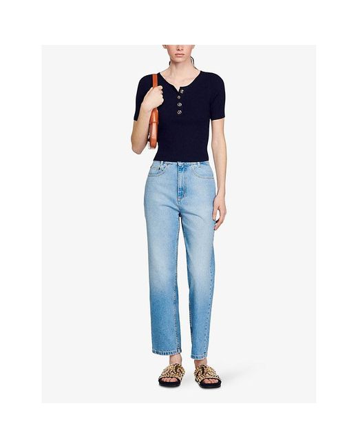 Sandro Blue Button-embellished Ribbed Woven Top