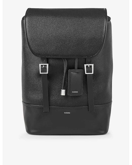 Sandro Black Logo-print Buckled-fastened Faux-leather Backpack for men