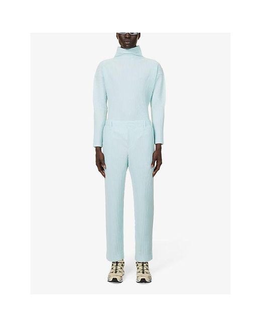 Homme Plissé Issey Miyake Blue Color Pleats Elasticated-waistband Tapered-leg Regular-fit Knitted Trouser for men