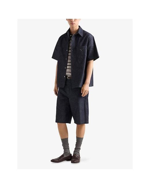 Prada Blue Short-Sleeve Chambray Denim Shirt for men