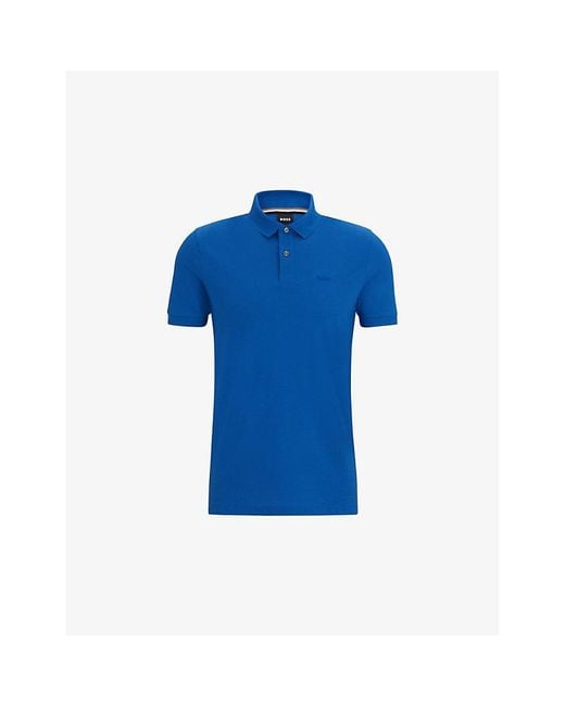 Boss Blue Logo-Embroidered Short-Sleeve Cotton Polo Shirt for men