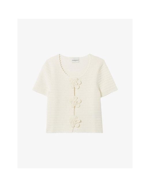 Claudie Pierlot White Striped Flower-Embroidered Stretch-Knit Jumper