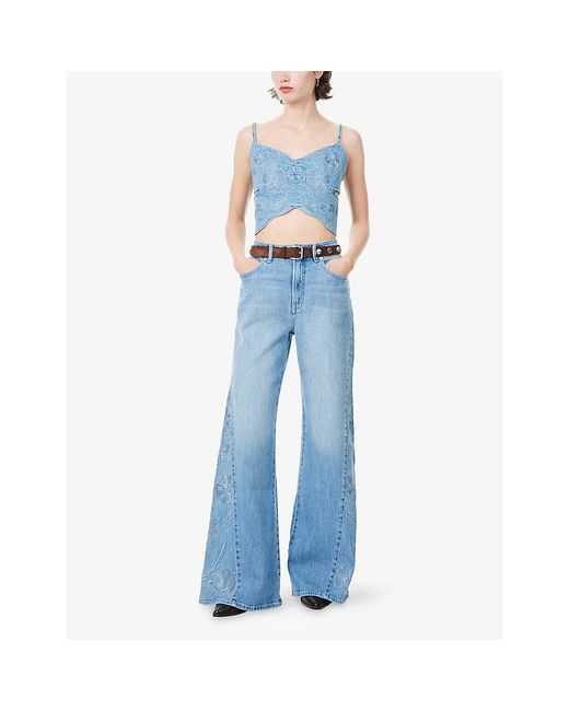 GOOD AMERICAN Blue Dolly Butterfly Embroidered Cotton Denim Top