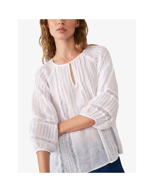The White Company White Volume-Sleeved Lace-Trim Linen Blouse