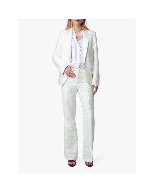 Zadig & Voltaire White Vow Logo-embroidered Single-breasted Linen Blazer