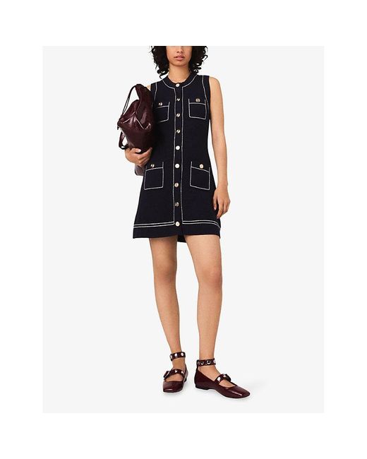 Maje Blue Topstitched Patch-Pocket Cotton-Blend Mini Dress