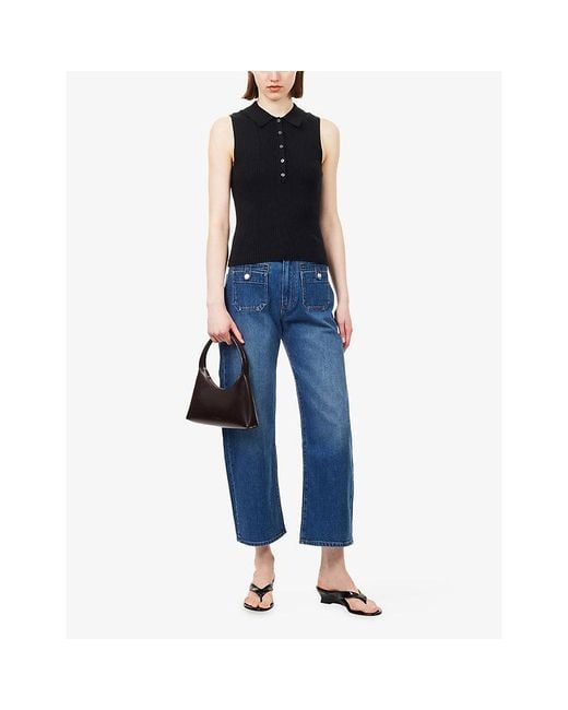 PAIGE Blue Vesta Polo-Collar Ribbed Knitted Top
