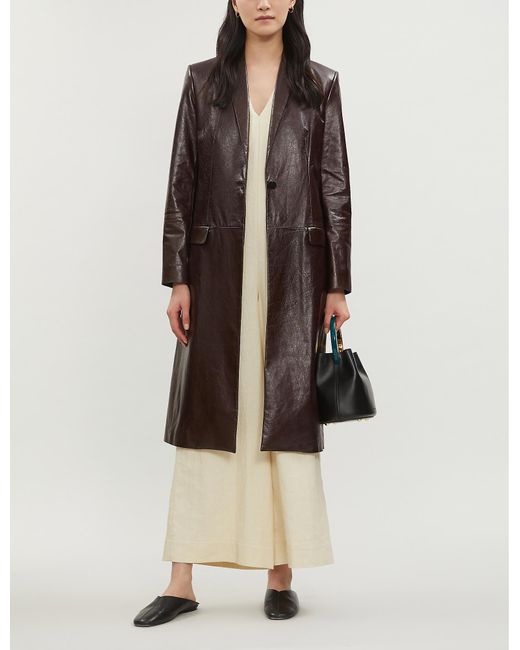 Theory Brown Glossed Textured-leather Coat