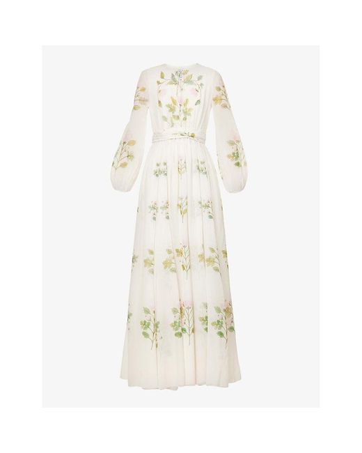 Giambattista Valli White Floral-print Pleated Silk Maxi Dress
