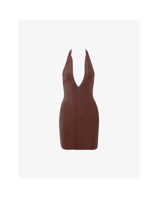 House Of Cb Brown The Plunge Halter-Neck Stretch-Woven Mini Dress