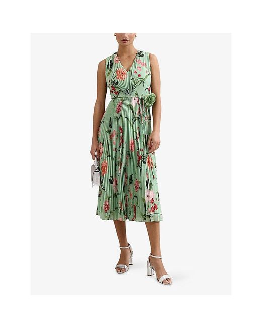 Phase Eight Green Simara Petite V-Neck Floral-Print Woven Midi Dress