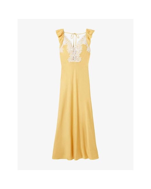 Claudie Pierlot Yellow Ruffle-Sleeved Lace-Trim Satin Maxi Dress