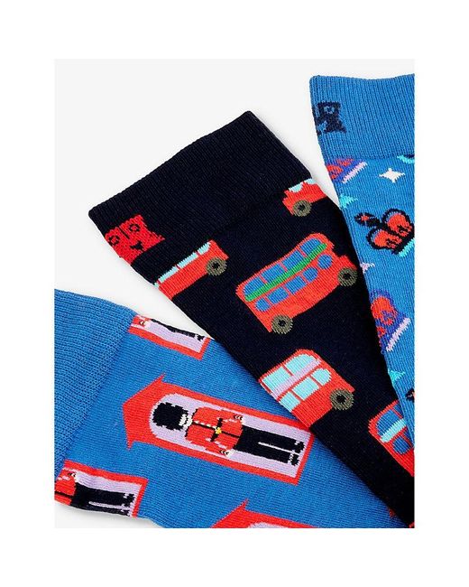 Happy Socks Blue London Pack Of Three Stretch-cotton-blend Socks for men