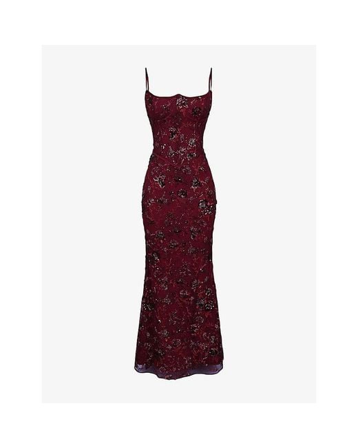 House Of Cb Red Naima Embellished Mesh Maxi Dress