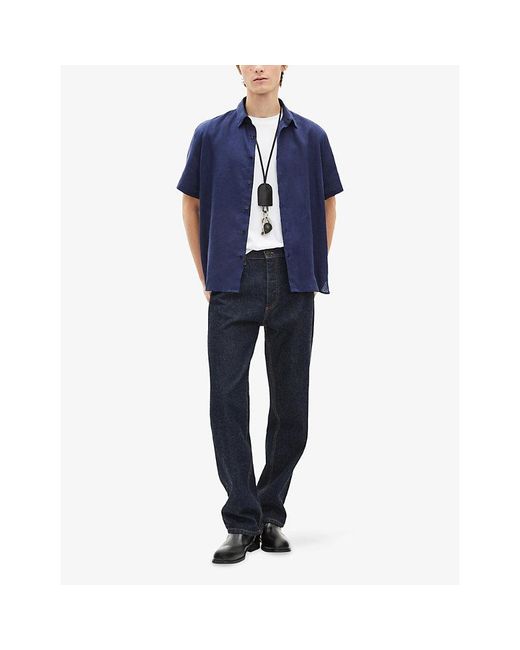 The Kooples Blue Short-Sleeved Brand-Embroidered Linen Shirt for men