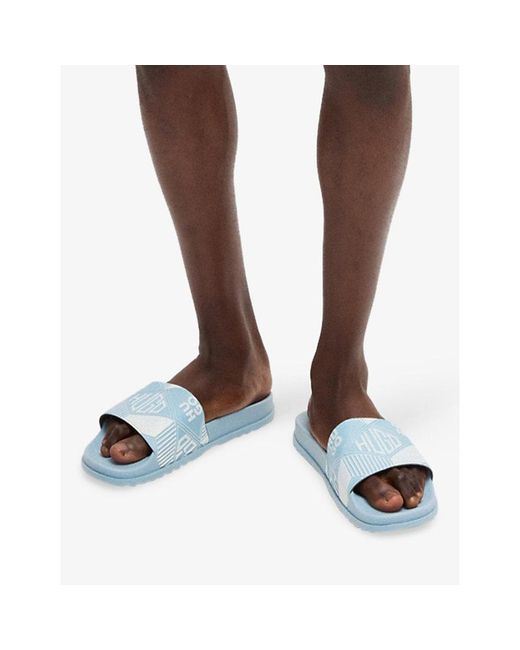 HUGO Blue Geometric Logo-Embossed Slides for men