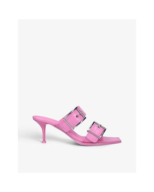 McQueen Pink Buckle-Embellished Leather Heeled Mules