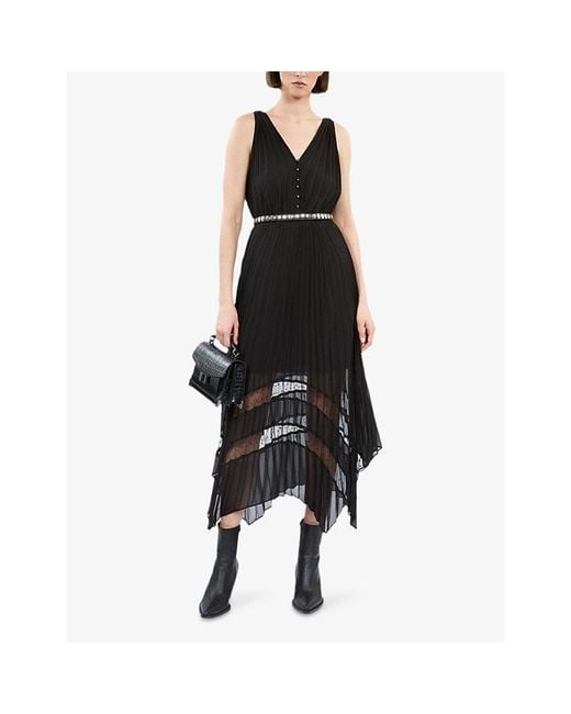 The Kooples Black Lace-Embroidered V-Neck Pleated Woven Midi Dress