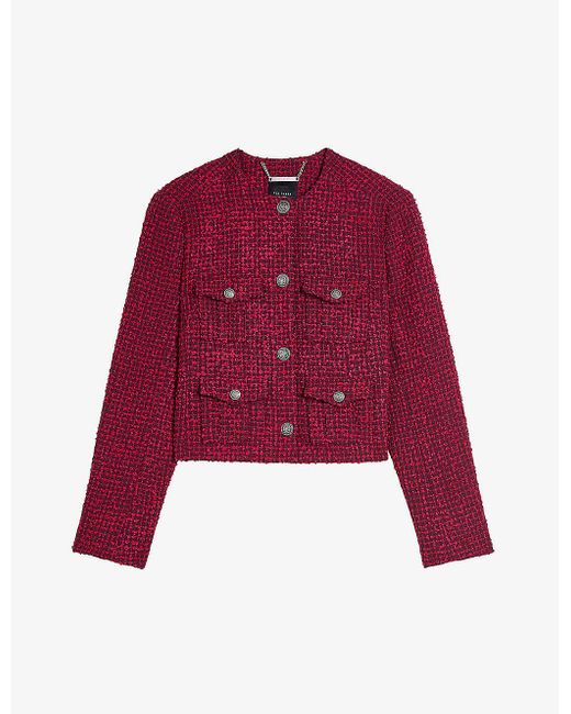 Ted Baker Red Pennio Crew-neck Cropped Woven Boucle Jacket 1