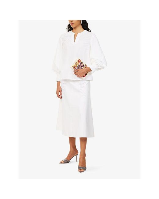 Huishan Zhang White Ottavia Embroidered Cotton-Blend Midi Skirt