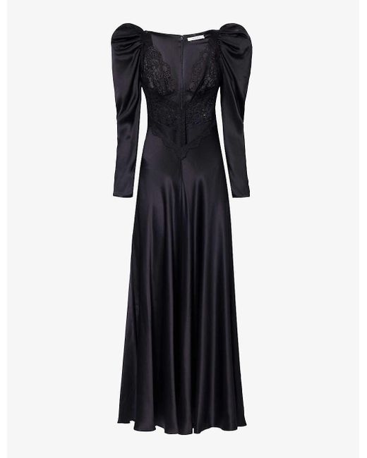 Rodarte Black Lace-panel Puff-sleeve Silk Maxi Dress