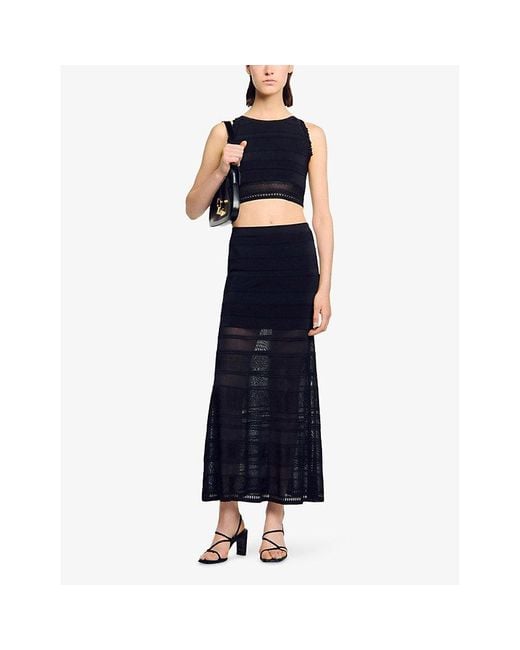 Sandro Black High-Rise Decorative-Stitch Knitted Midi Skirt