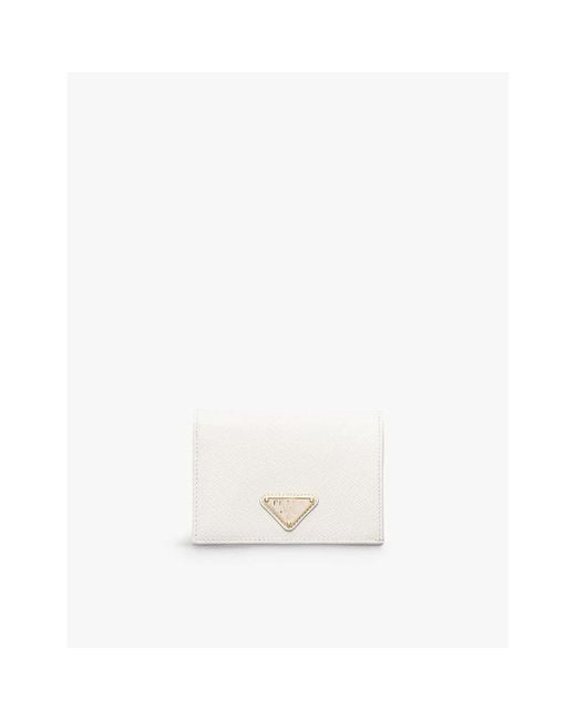 Prada White Logo-Plaque Small Leather Wallet