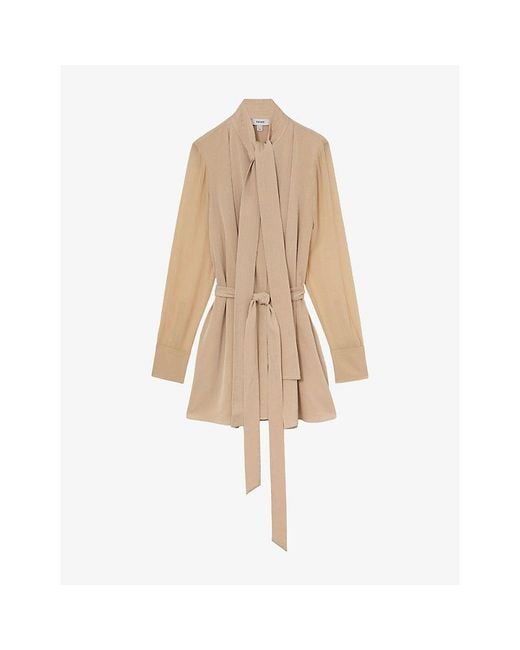 Reiss Natural Iman Tie-Neck Woven Mini Dress