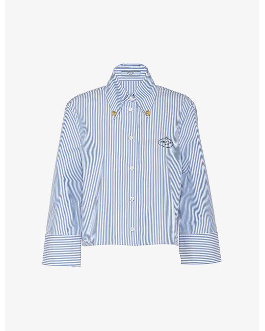 Prada Blue Logo-embroidered Striped Slim-fit Cotton-blend Shirt