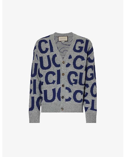 Gucci Blue Logo-intarsia Relaxed-fit Wool-knit Cardigan for men