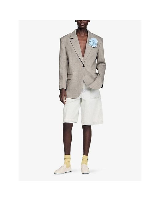 Sandro Gray Checked Flower-Brooch Wool-Blend Jacket