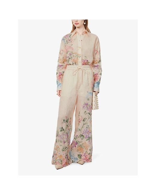 Zimmermann Natural Halliday Floral-print Linen Trousers