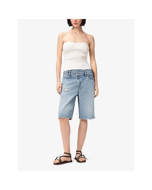 AllSaints Blue Aki Frayed-Hem Cross-Over Denim Shorts