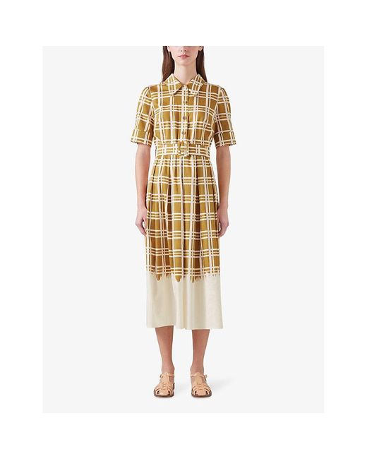 L.K.Bennett Metallic Dora Belted-waist Checked Organic-cotton Midi Dress
