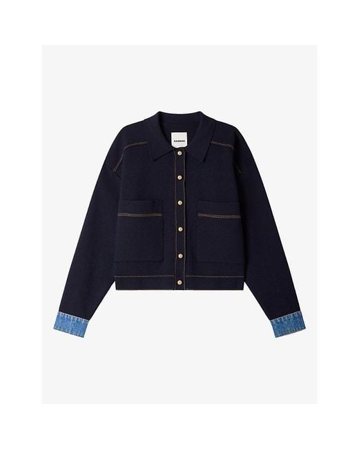 Sandro Blue Collared Denim-Cuff Knitted Jacket-Style Cardigan