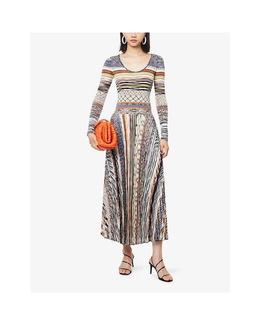 Missoni Multicolor Pleated Long-Sleeve Knit Midi Dress