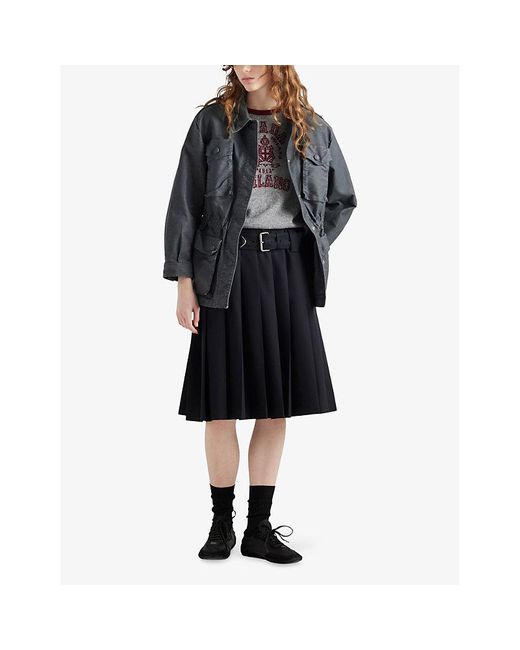 Prada Black Pleated Belted Garbadine-Wool Knee-Length Skirt
