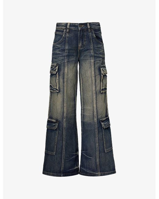 Jaded London Blue Cargo Low-wise Wide-leg Jeans