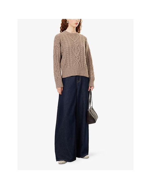 Weekend by Maxmara Brown Round-Neck Cable-Knit Wool Jumper