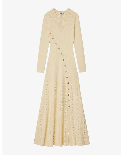Sandro Natural Button-embellished Knitted Maxi Dress