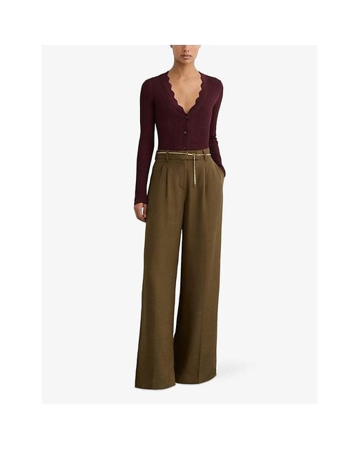 Reiss Purple Vinny Scallop-Trim Ribbed-Knit Cardigan
