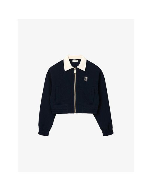 Sandro Blue Cropped Logo-Embroidered Cotton-Jersey Cardigan