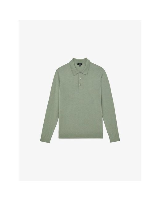 Reiss Men's Green Trafford Regular-Fit Long-Sleeve Merino-Wool Polo