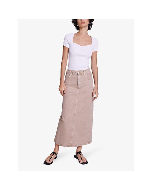 Maje Brown Faded-wash Straight-fit Stretch-denim Maxi Skirt