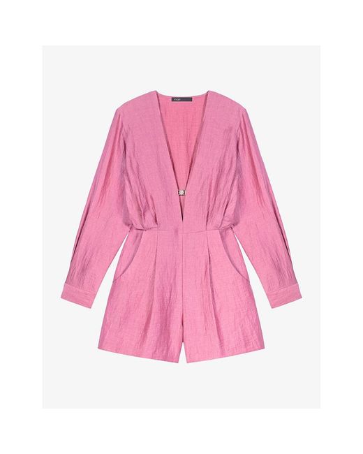 Maje Pink Plunging-neckline Linen-blend Jumpsuit