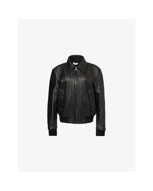 Bottega Veneta Black Intrecciato Leather Bomber Jacket