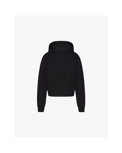 Skims Black Split Kangaroo-Pocket Cotton-Fleece Hoody