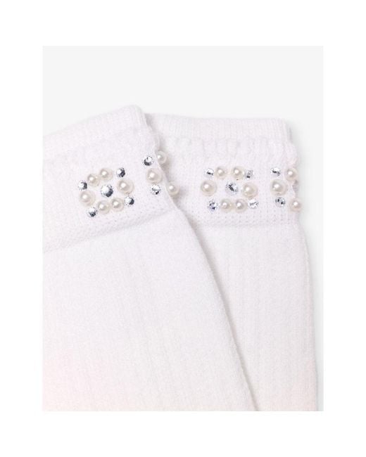 Maje White Pearl-Embellished Pointelle-Knit Cotton-Blend Socks