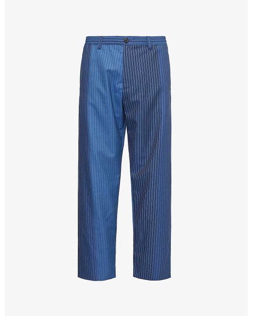 Marni Blue Colour-block Pinstriped Wide-leg Wool Trousers for men