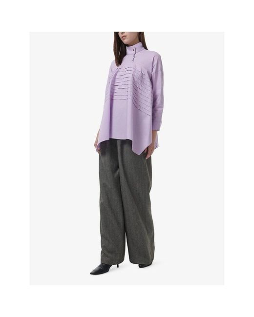eem Purple Asymmetric-Hem Pintuck Cotton Blouse